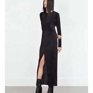 Zara Stunning Black Pleated Ribbed Side Slit Long Sleeve Fancy Maxi Dress Small